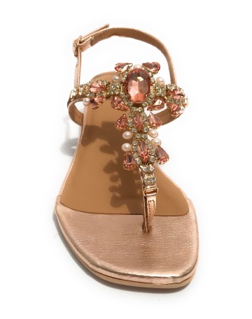 Scarpe donna  sandalo in pelle laminato rosa gold con strass DS23EL09 2223