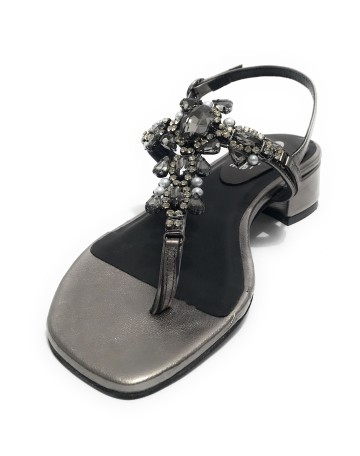Scarpe donna  sandalo in pelle laminato gunsmoke con strass DS23EL11 2223