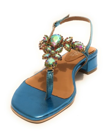 Scarpe donna  sandalo in pelle laminato celeste con strass DS23EL15 2223