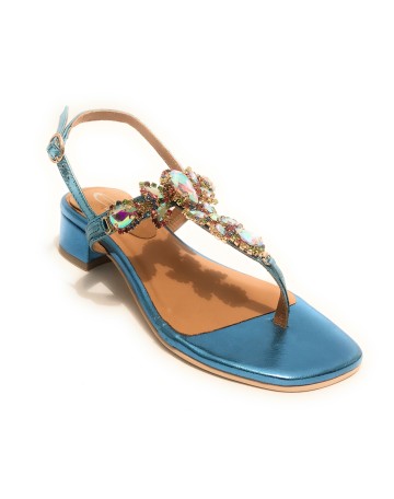 Scarpe donna  sandalo in pelle laminato celeste con strass DS23EL15 2223