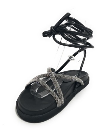 Scarpe donna  sandalo in pelle nappa nero con strass DS23EL14 302