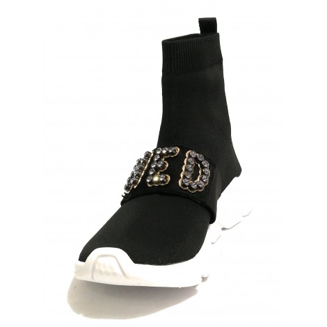 SNEAKER DONNA GOLD&GOLD SLIP ON  ELASTICIZZATA RUNNING TESSUTO NERO/ STRASS D19GG16