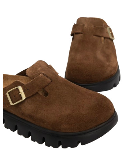 Scarpe donna sabot Birkenstock Boston Pap Chunky in suede dark tea/black D26BI01 1028402