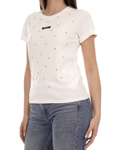 T-shirt donna Liu Jo white milk strass ES26LJ43 TA6157 JS923 M9223