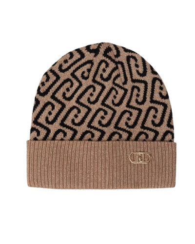 Berretto Liu jo beanie jacquard cammello/ nero con logo monogram C27LJ34 2F6017 M0300 00417