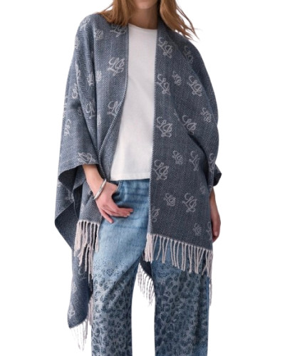 Poncho donna Liu Jo jacquard con logo e frange midnight C27LJ39 2F6040 T0300 90013