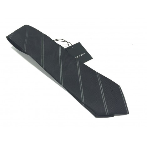 CRAVATTA UOMO GIVENCHY 100% SETA FALDA 7CM REGIMENTAL NERO BANDE GRIGIO   G5