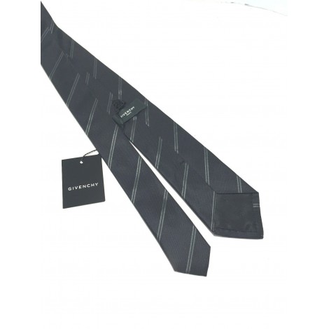 CRAVATTA UOMO GIVENCHY 100% SETA FALDA 7CM REGIMENTAL NERO BANDE GRIGIO   G5