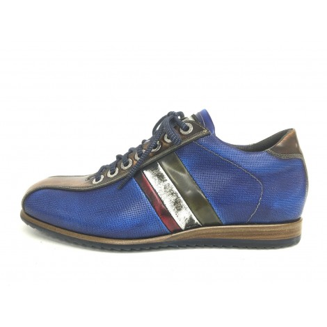 Scarpe uomo Harris sneaker blu lino saffiano tricolore fatte mano U16HA51