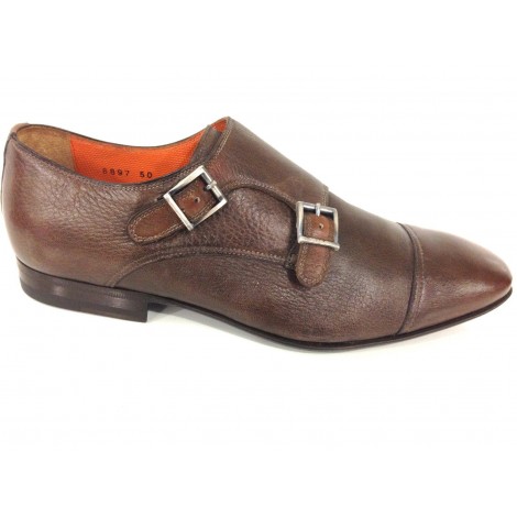 SCARPE UOMO SANTONI  DOPPIA FIBBIA PELLE CERVO MARRONE MORO FATTA MANO TG 6  51