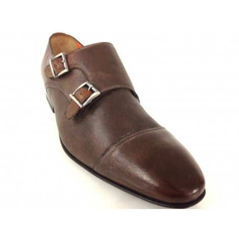 SCARPE UOMO SANTONI  DOPPIA FIBBIA PELLE CERVO MARRONE MORO FATTA MANO TG 6  51