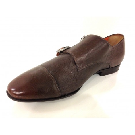 SCARPE UOMO SANTONI  DOPPIA FIBBIA PELLE CERVO MARRONE MORO FATTA MANO TG 6  51