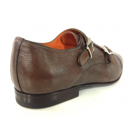 SCARPE UOMO SANTONI  DOPPIA FIBBIA PELLE CERVO MARRONE MORO FATTA MANO TG 6  51