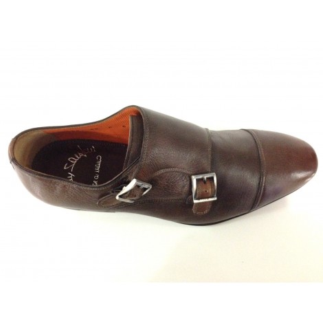 SCARPE UOMO SANTONI  DOPPIA FIBBIA PELLE CERVO MARRONE MORO FATTA MANO TG 6  51