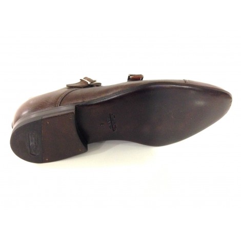 SCARPE UOMO SANTONI  DOPPIA FIBBIA PELLE CERVO MARRONE MORO FATTA MANO TG 6  51