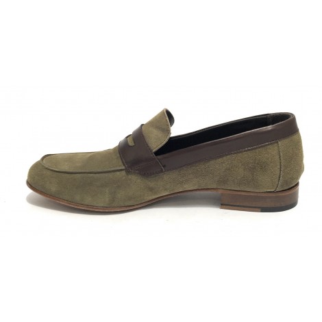 Scarpe ton goût mocassino in pelle scamosciata verde/ montone testa di moro uomo US19TG03