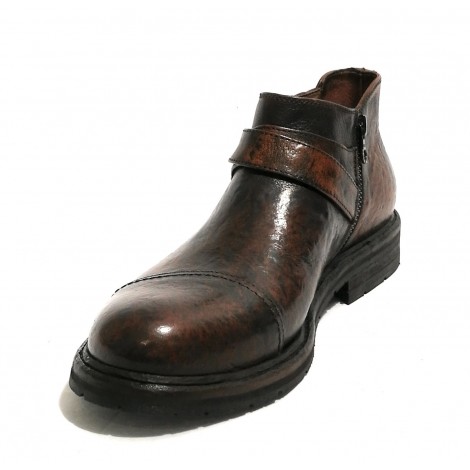 Stivaletto biker Lorenzi uomo in pelle burrattata marrone sfumato hand made U19LO02