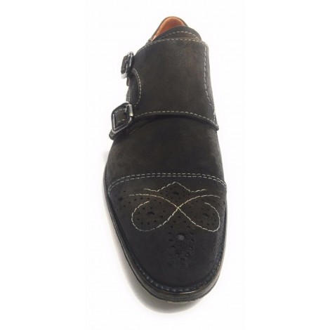 Scarpe uomo Lorenzi con doppia fibbia in pelle camoscio moro US17LO4