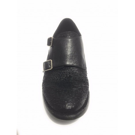 SCARPE UOMO ERNESTO DOLANI DOPPIA FIBBA PELLE NERO E TEJUS ARTIGIANALE US17ED05