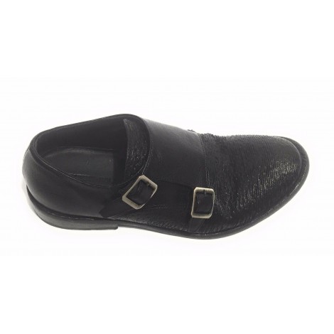 SCARPE UOMO ERNESTO DOLANI DOPPIA FIBBA PELLE NERO E TEJUS ARTIGIANALE US17ED05