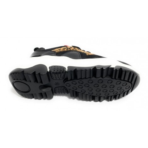 Scarpe donna sneaker con zeppa Gold&gold ecopelle/ tessuto nero/ leopardo/ rosso D20GG43