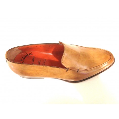 SCARPE UOMO SANTONI MOCASSINO SFILATO MARRONE  MANGO ANTICATO   FATTA MANO 55
