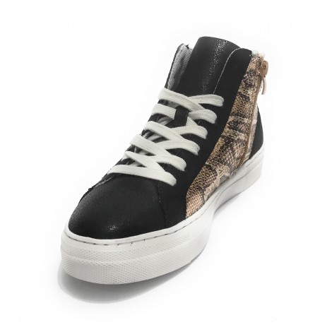 Scarpe donna sneaker alto Gold&gold ecosuede nero/ animalier bronzo D21GG10