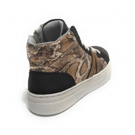Scarpe donna sneaker alto Gold&gold ecosuede nero/ animalier bronzo D21GG10