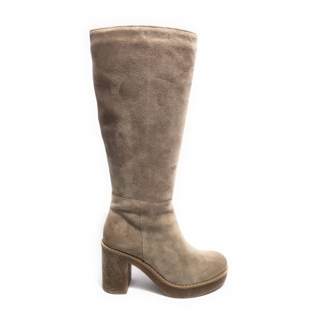 Scarpe donna  stivale con gambale alto fondo classico in pelle camosciato beige D23EL09 91147
