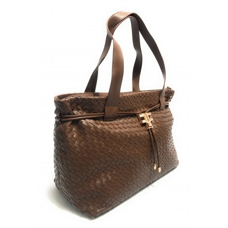 Borsa donna Fracomina a spalla shopping bag ecopelle intrecciato marrone BS23FR01 FA23SBA004P411S5-091